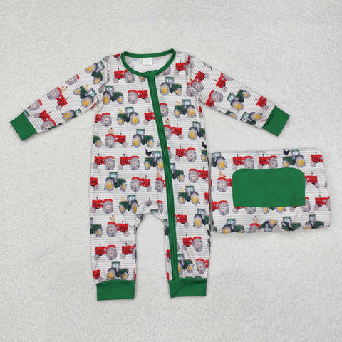 LR1480 Bamboo Truck Green Baby Zip Romper Sleepers