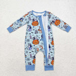 LR1482 Halloween Pumpkin Cartoon Blue Dog Baby Zip Romper Sleepers