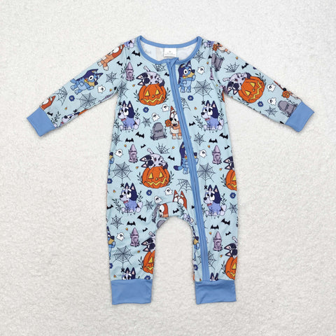 LR1482 Halloween Pumpkin Cartoon Blue Dog Baby Zip Romper Sleepers