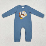 LR1505 Embroidery Thanksgiving Turkey Blue Baby Boy Romper