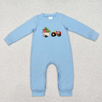 LR1508 Embroidery Christmas Truck Trees Sky Blue Baby Boy Romper