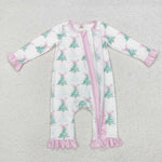 LR1518 Bamboo Christmas Tie Bow Trees Pink Baby Zip Romper Sleepers