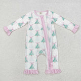 LR1518 Bamboo Christmas Tie Bow Trees Pink Baby Zip Romper Sleepers