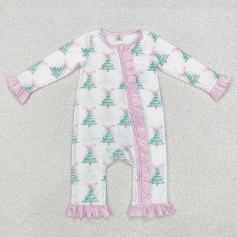 LR1518 Bamboo Christmas Tie Bow Trees Pink Baby Zip Romper Sleepers