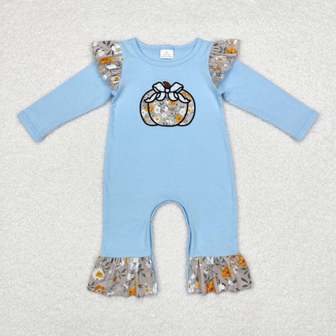 LR1529 Embroidery Pumpkin Flower Sky Blue Baby Girl Romper