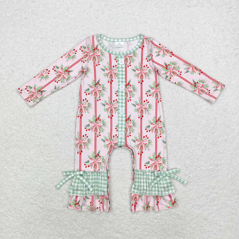 LR1544 Christmas Coquette Bows Green Baby Girl Romper