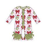 LR1557 Christmas Green Animal Tie Bow Baby Girl Romper