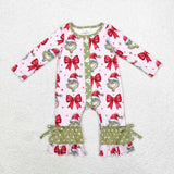 LR1557 Christmas Green Animal Tie Bow Baby Girl Romper