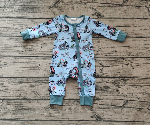 Preorder LR1578 Cowboy Cactus Blue Baby Zip Romper Sleepers