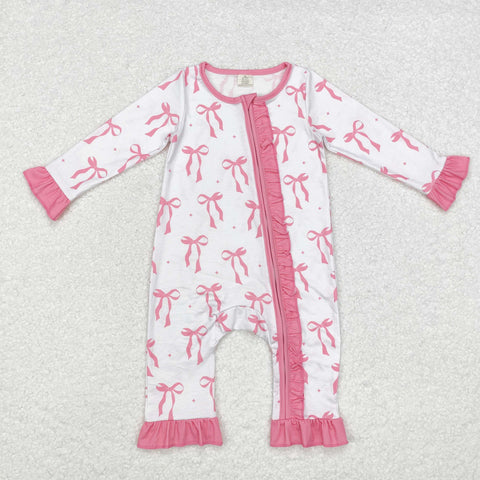 LR1584 Bamboo Coquette Bows Pink Ruffles Baby Zip Romper Sleepers