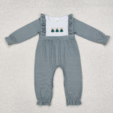 LR1587 Embroidery Christmas Trees Green Stripe Baby Girl Bubble Romper