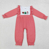 LR1588 Embroidery Christmas Santa Elk Green Stripe Baby Girl Romper