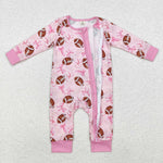 LR1595 Bamboo Football Tie Bow Pink Baby Zip Romper Sleepers