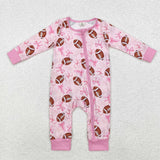 LR1595 Bamboo Football Tie Bow Pink Baby Zip Romper Sleepers