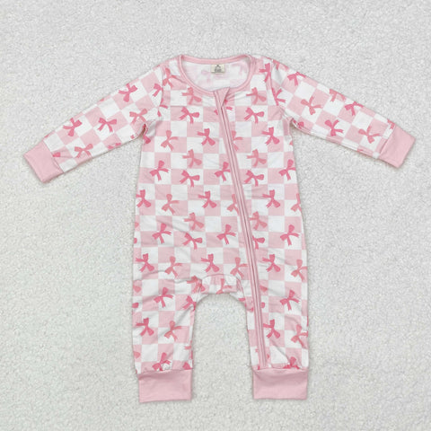 LR1607 Bamboo Coquette Bows Pink Plaid Baby Zip Romper Sleepers