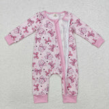 LR1608 Bamboo Tie Bow Love Pink Baby Zip Romper Sleepers