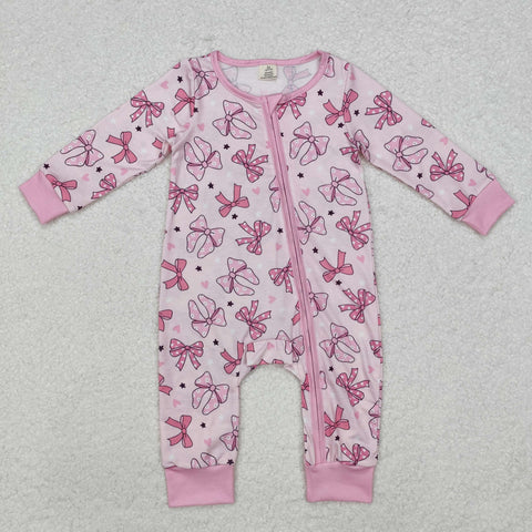 LR1608 Bamboo Tie Bow Love Pink Baby Zip Romper Sleepers