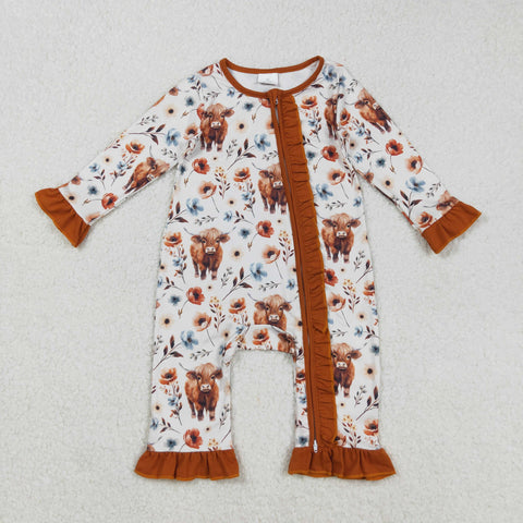 LR1624 Autumn Cow Flower Baby Zip Romper Sleepers
