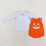 LR1704 Embroidery Halloween Pumpkin 2 pcs Baby Boy Romper Set