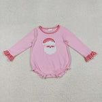 LR1733 Embroidery Christmas Santa Plaid Baby Girl Bubble Romper
