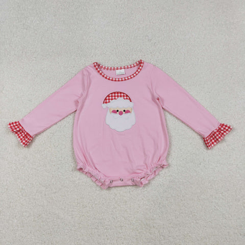 LR1733 Embroidery Christmas Santa Plaid Baby Girl Bubble Romper