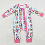 LR1783 Christmas Cartoon Blue Dog Pink Baby Zip Romper Sleeper