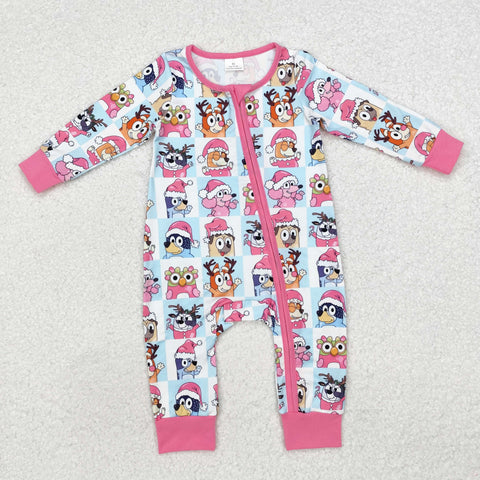 LR1783 Christmas Cartoon Blue Dog Pink Baby Zip Romper Sleeper