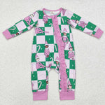 LR1818 Bamboo Christmas Candy Canes Plaid Pink Baby Zip Romper Sleeper