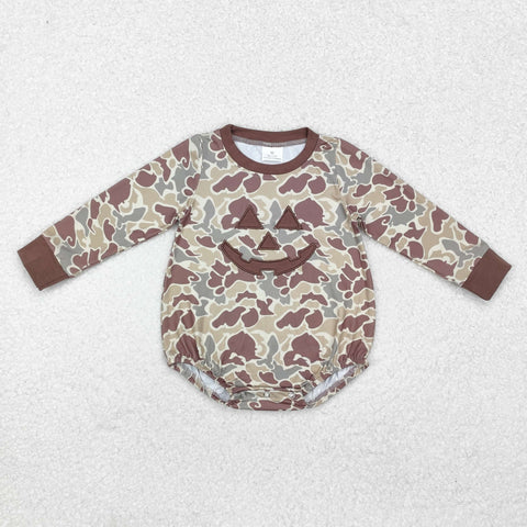 LR1841 Embroidery Halloween Pumpkin Camo Brown Baby Boys Bubble Romper