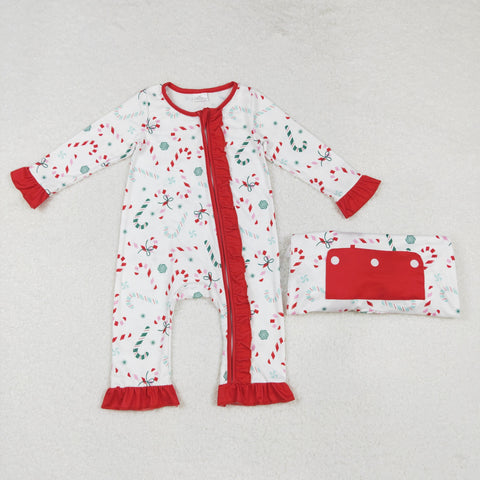 LR1842 Bamboo Christmas Candy Canes Red Baby Zip Romper Sleepers