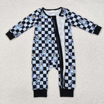 LR1910 Cartoon Blue Dog Plaid Baby Zip Romper Sleepers