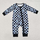 LR1910 Cartoon Blue Dog Plaid Baby Zip Romper Sleepers