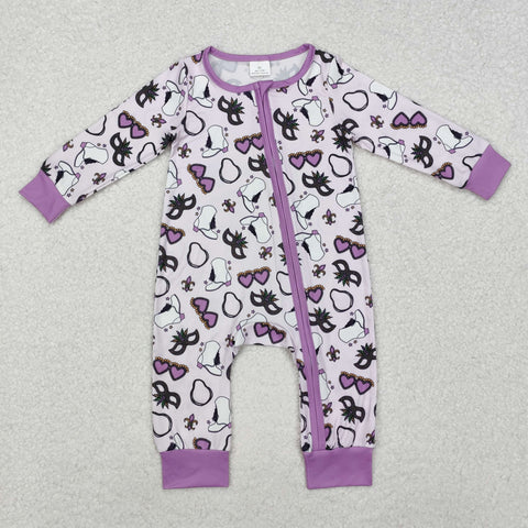 LR2038 Mardi Gras Glasses Purple Baby Zipper Romper Sleepers