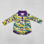 LR2068 Mardi Gras Camo Purple Polo Baby Boy Romper