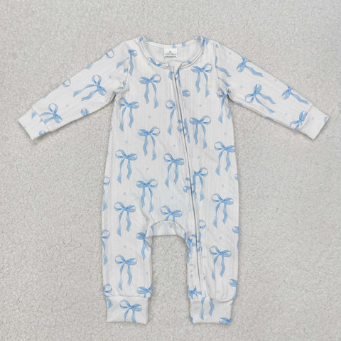 LR2070 Coquette Bows Blue Cable Knit Fabric Baby Sleepers