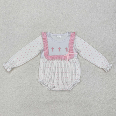 LR2136 Embroidery Easter Cross Pink Baby Girl Bubble Romper