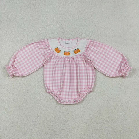 LR2181 Embroidery Pumpkin Pink Plaid Smocked Baby Girls Bubble Romper