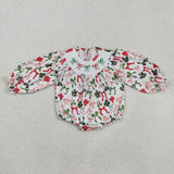 LR2185 Christmas Coquette Bows Smocked Baby Girls Bubble Romper