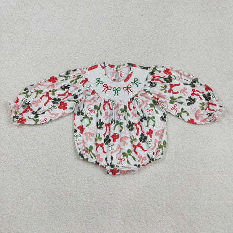 LR2185 Christmas Coquette Bows Smocked Baby Girls Bubble Romper
