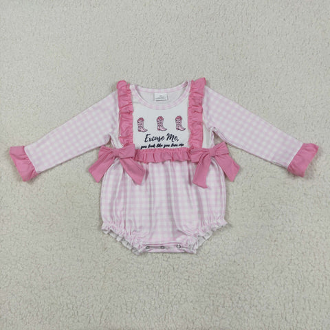 LR2190 Excuse Me Boots Cowgirl Pink Baby Girls Romper