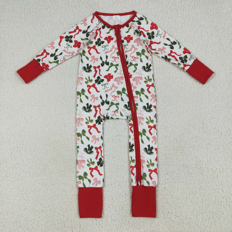 LR2203 Christmas Bows Baby Zipper Romper Footie Sleepers