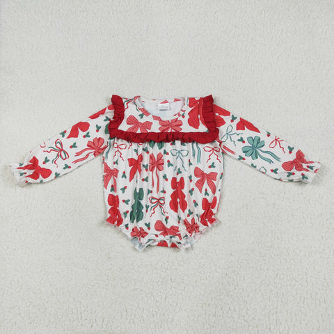 LR2209 Christmas Bows Red Green Baby Girls Bubble Romper
