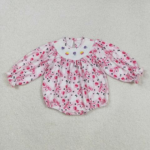 LR2216 Halloween Ghost Bows Smocked Baby Girls Bubble Romper