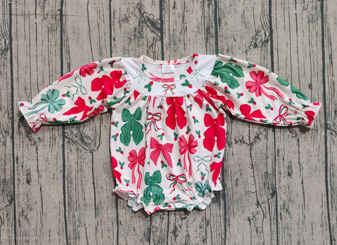 Preorder Samples LR2217 Christmas Coquette Bows Smocked Baby Girls Bubble Romper