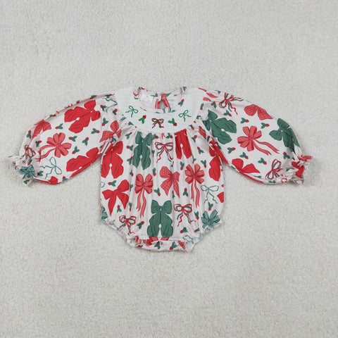 LR2217 Christmas Coquette Bows Smocked Baby Girls Bubble Romper