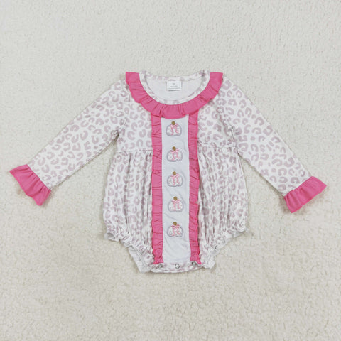 LR2220 Embroidery Pumpkin Bows Leopard Baby Girls Romper