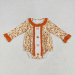LR2228 Embroidery Autumn Pumpkin Bows Orange Baby Girls Romper