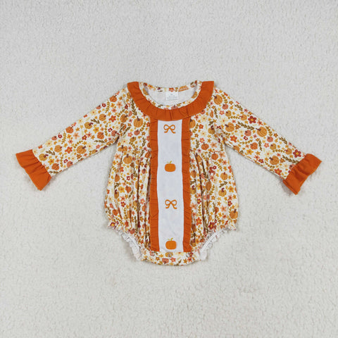 LR2228 Embroidery Autumn Pumpkin Bows Orange Baby Girls Romper
