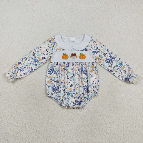 LR2246 Embroidery Fall Scarecrow Flower Baby Girls Romper