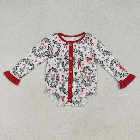 LR2252 Christmas Candy Canes Bows Red Baby Girls Romper